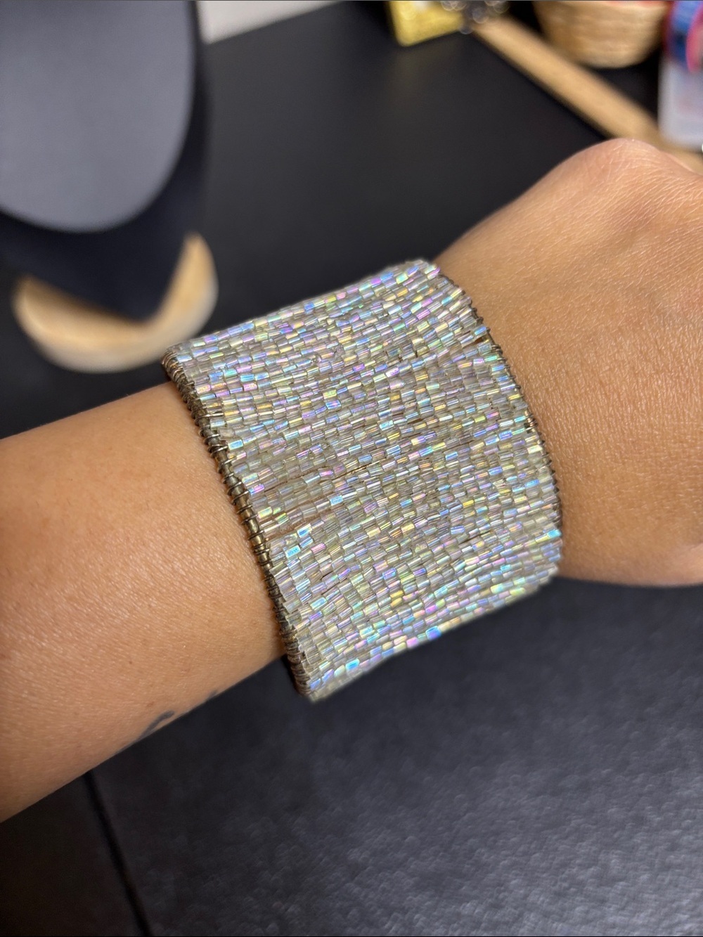 Vintage Iridescent Cream Glass Seed Bead Cuff Bracelet Glamorous